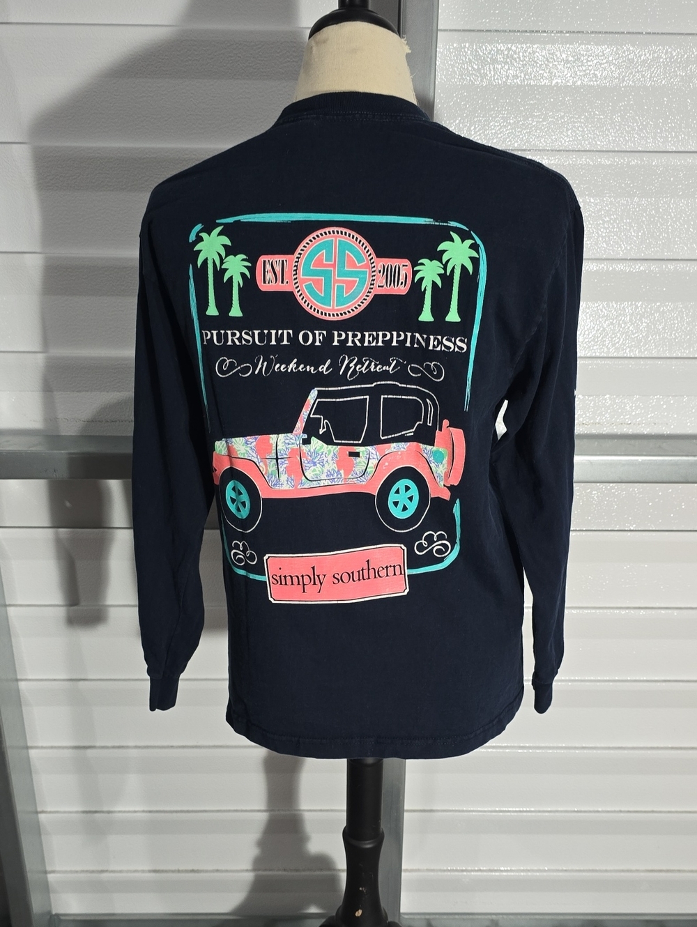 Simply Southern Navy Long-Sleeve Graphic Tee - Coral & Teal Jeep Print Size M